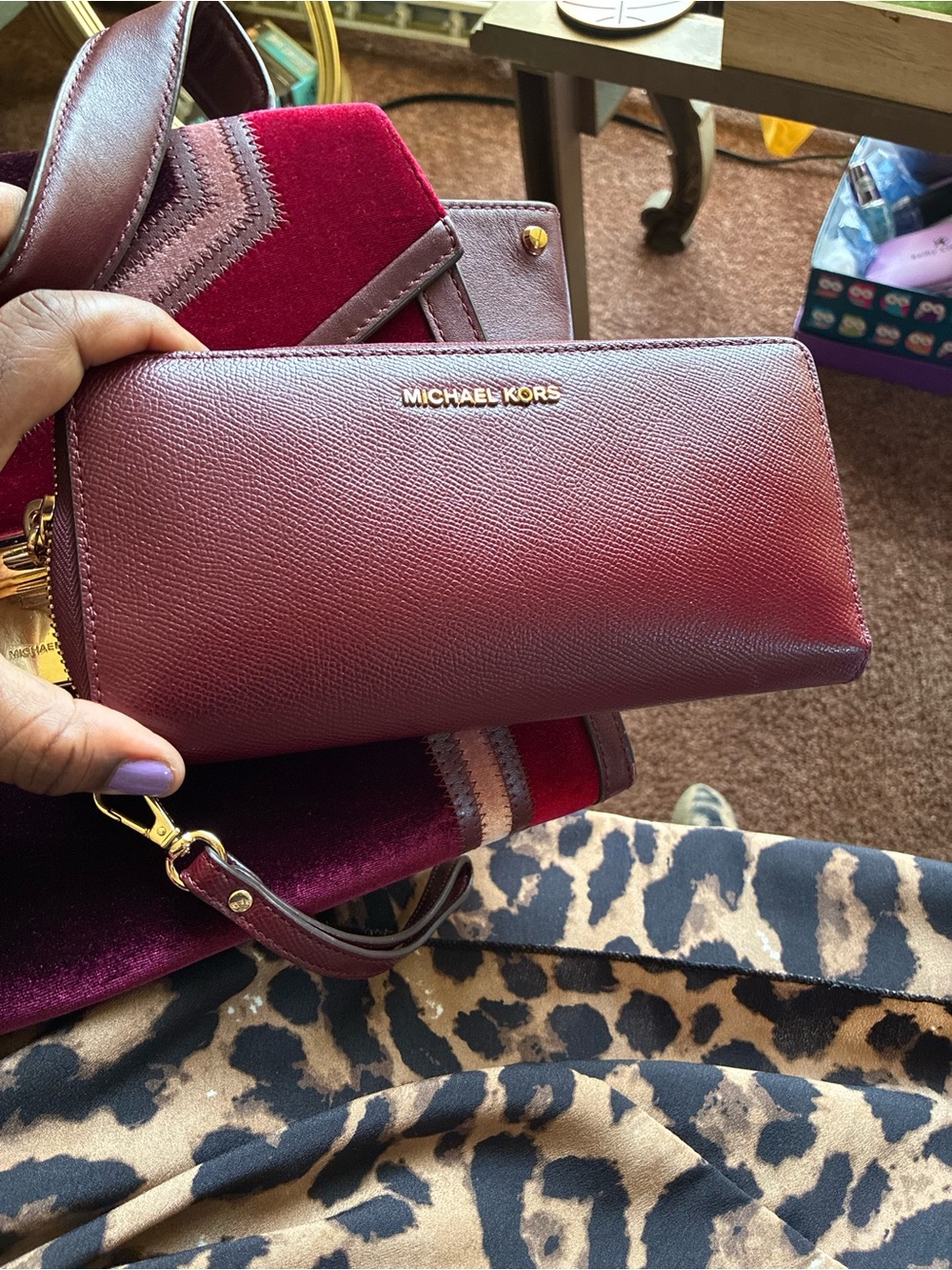 Michael Kors Wine Zip Wallet with Gold Logo